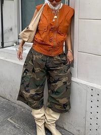 Streetwear Camouflage Cargo Pants Summer Clothing Women High Waist Calf Length Wide Leg Pants Female Casual Camo Capris Trousers