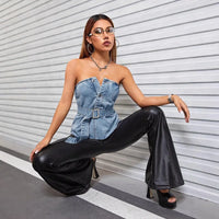 Sexy Strapless Women Tanks Sleeveless Button Belt Slim Fit Denim Vests Elegant Lady High Street Jean Tops Backless Summer