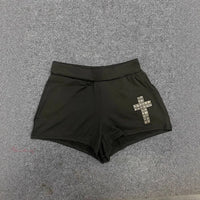 Summer Cross Diamond Decorative Black Ultra-Short Pants Women'S Elastic Waist Mid-Waist Leggings Fashionable and Stylish