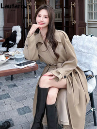 Spring Autumn Long Khaki Trench Coat for Women with Back High Slit Belt Elegant Chic Stylish Luxury Overcoat Women 2026
