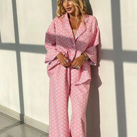 Casual Pink Print Sets Womens 2 Piece Fashion Loose Three Quarter Sleeve Pockets Shirts and Straight Trousers Female Sets