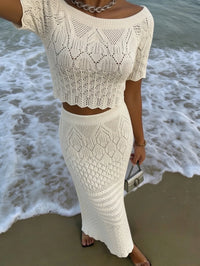 2026 Crochet Knit 2 Piece Set for Women, off Shoulder Crop Top + Hollow Out Maxi Skirt Beachwear