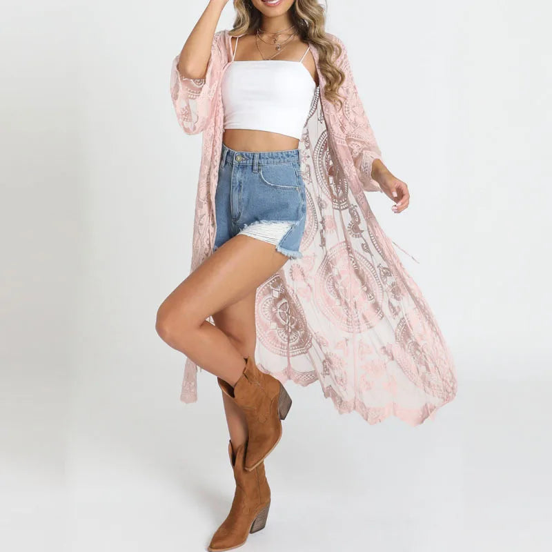 Sexy See through Long Lace Blouse Women Bikini Cover up Sheer Vintage Summer Cardigan Boho Beach Kaftan Robe Vestidos
