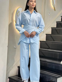 Women Blue Long Sleeve Turn-Down Collar Shirt Pants Set Fashion Cinched Waist Striped Top Wide-Leg Trousers Casual Office Outfit