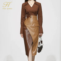 Autumn 2 Pieces Set Women Long Sleeve + High Waist Contrast Color Pencil Skirts Casual Simple Office Lady Skirt Suit