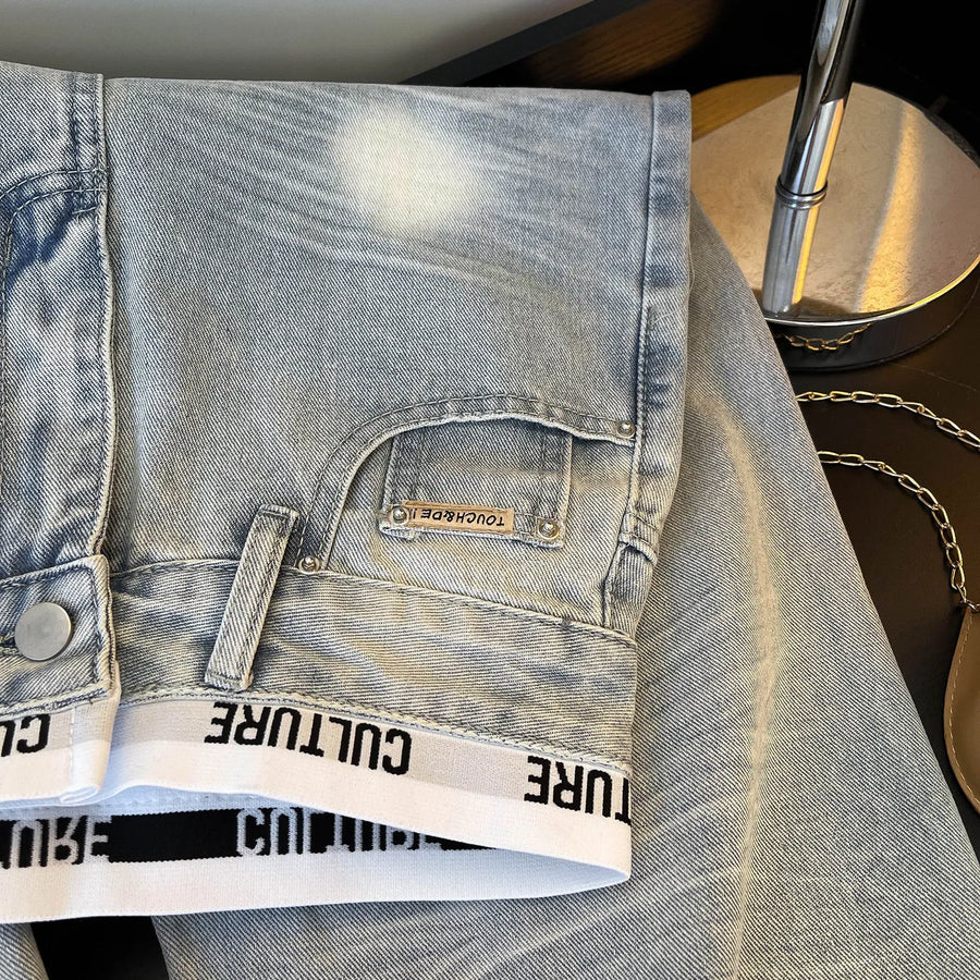 American Vintage Ripped Patchwork Jeans for Women New Spring Fall Light Blue High Waist Slim Loose Wide Leg Denim Trousers Stree