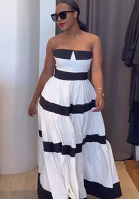 Women Fashion New Elegant Long Dress Patchwork Bowknot Strapless Sleeveless Backless High Waist Stripes Long Dress Party Female