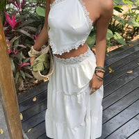 Women Stylish Summer Two Piece Set Lace Trim Cami Top and Tiered Maxi Skirt Boho Female Versatile Date Vacation Party Beachwear