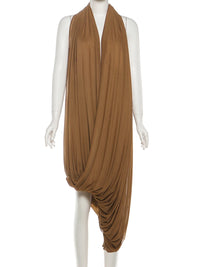 Ruched Halter Maxi Dress Women Sleeveless Backless Irregular Hem Solid Vacation Classic Basis Prom Party Elegant Vestidos
