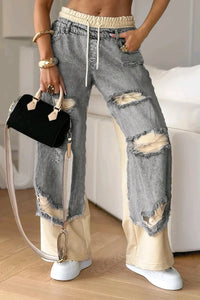Street Patchwork Ripped Denim Pants Jean Women Loose Drawstring Low Waist Pockets Zipper Straight Leg Pants 2025 Casual Trousers