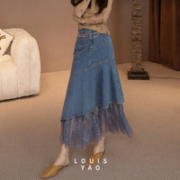LOUISYAO Vintage Sweet Denim Skirt 2026 Summer High Waist Lace Mesh Patchwork Asymmetric Slim Long Skirt