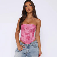 Sexy Strapless Printed Crop Top Slim Corset Lace-Up Camisole Versatile Hollow Out Vest Women Summer Fashion Y2K Clothes Tank Top