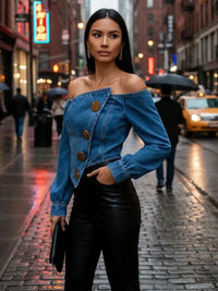 Yeezzi 2026 New Women'S off Shoulder Denim Blouse Fashion Washed Asymmetrical Button up Long Sleeves Streetwear Trendy Tops