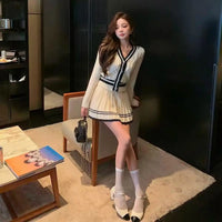 Preppy Patchwork Knitted Suit Women'S V-Neck Short Knitted Cardigan+A-Line Mini Pleated Skirt Autumn Party 2-Piece Set A139