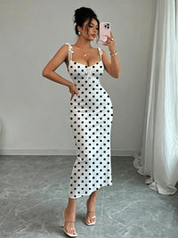 Black Polka Dot Fishtail Dress on White Background, with Double Shoulder Bow Ties + Chest Ruching for Strong Waist Shaping, Slim Fit, Hip-Hugging, Mid-Length Dress