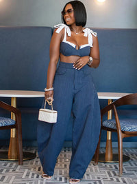 Contrast Bow Strap Striped Women Set Sleeveless Crop Top High Waist Wide Leg Pants Vertical Stripe Pattern Summer Vacation Wear