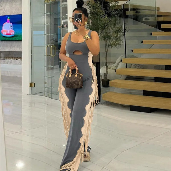 M-6207 European and American Fashion Women'S Casual Elegant Color-Blocked Individuality Tassel Casual Base Pant Jumpsuit