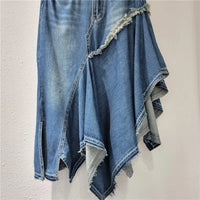 Summer New Style High-Waisted Design Stitching Irregular Washed Denim Long Skirt for Women