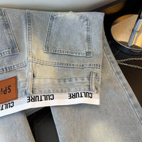 American Vintage Ripped Patchwork Jeans for Women New Spring Fall Light Blue High Waist Slim Loose Wide Leg Denim Trousers Stree