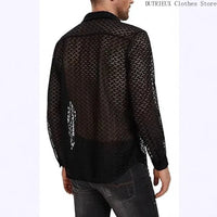 Spring/Summer Hollow-Out Mesh Trend Top Sexy Night Club Party Wear [Star'S Same Style] Men'S Long-Sleeved Lace Perspective Shirt