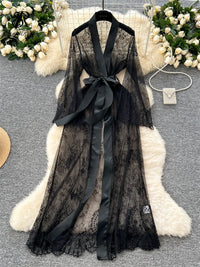 SINGREINY Elegant Sheer Caridigan Long Robes Female Lace up Solid Long Sleeve Robes Fashion Women Transparent Lace Sensual Robes