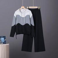 Women Knitted Pullove Two Piece Outfit Spliced Hooded Crop Top Elastic Waist Wide Leg Pants Casual Tracksuit Outfits Autumn