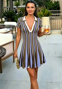 Brown Striped Polo Collar Knitted Short Sleeves Dress V-Neckline Waist Cinching Flared Hem Mini Dresses Women Daily Casual Robes