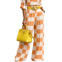 Yeezzi Women Fashion Orange White Plaid Matching Pants Loose High Waisted Wide Leg Office Casual Trousers Bottoms No Belt
