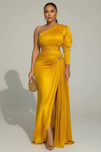 Customized plus Size Formal One Shoulder Evening Dress for Women'S Split Hem Solid Satin Cocktail Wedding Guest Party Maxi Dress