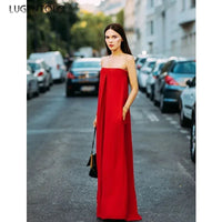 Sexy Breast Wrap Jumpsuit Women Red Summer Thin High Waist Pocket Lady Loose Elegant Wide Leg Pants Long Jumpsuits