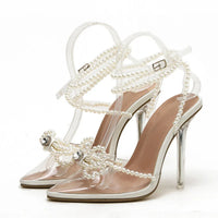 Sexy White String Bead Women Transparent High Heels Summer Fashion Butterfly-Knot Clear Sandals Pointed Toe Shoes Pumps