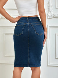2025 Spring New Women'S Summer Front Multi-Button Denim Skirt Fashion Elastic Knee Length Slim Hip-Hugging Jeans Pencil Skirt