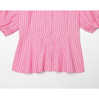 Women'S Striped Shirt New 2026 Spring Casual Short Puff Sleeve Lapel Collar Flared Hem Button Women Shirt & Blouses Female Tops