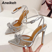 Aneikeh Fashion Transparent PVC Women Pumps Sexy Butterfly-Knot CRYSTAL High Heels Pointed Toe Wedding Prom Sandals Spring Shoes
