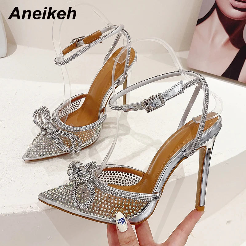 Aneikeh Fashion Transparent PVC Women Pumps Sexy Butterfly-Knot CRYSTAL High Heels Pointed Toe Wedding Prom Sandals Spring Shoes