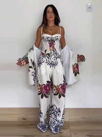 Elegant Floral Print Pants Set for Women Fashion Oversized Blazer + Corset Crop Top + Wide-Leg Pants Lady 2026 New Chic Outfits