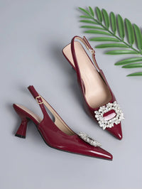 Ladies Summer Pumps Patent Leather Point Toe Bowtie Thin Heels Rhinestones Soft Slingback Breathable Dress Shoes