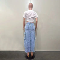 Mid Length Skirts Women Denim Skirt Hole Pockets a Line Slit Slim Y2K Streetwear Elegant Splice Y2K High Waist Summer 2025