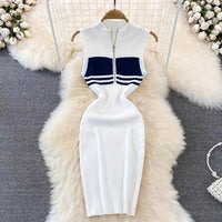 Korean Style Women Lady Dresses Knit Sleeveless Half Zipper Vestidos Sexi Slim Streetwear Stripe Party Polo Nigh Club Hip Dress