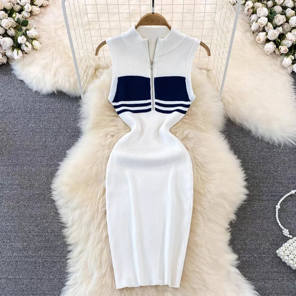 Korean Style Women Lady Dresses Knit Sleeveless Half Zipper Vestidos Sexi Slim Streetwear Stripe Party Polo Nigh Club Hip Dress