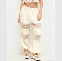 Women’S Solid Color Bloomer Pants Casual Elastic Waist Lace Patchwork Tie Knot Hem Pants Korean Chic Capris