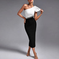 Elegant Slant Neck off Shoulder Dress Trendy Color Blocking Backless Evening Dress Sexy Hot Diamond Split Sleeveless Waist Dress