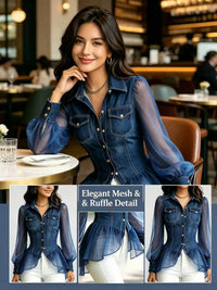 Denim and Mesh Patchwork Blouse with Waist-Cinching Ruffled Hem; Lapel-Collar, Double-Pocket, Puff-Sleeve Denim Shirt