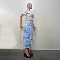 Mid Length Skirts Women Denim Skirt Hole Pockets a Line Slit Slim Y2K Streetwear Elegant Splice Y2K High Waist Summer 2025