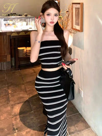 Korean 2 Pieces Set Women'S Knitted Bottoming Striped Black Pencil Sheath Knit Sexy Slit Casual Lady Skirt Suit
