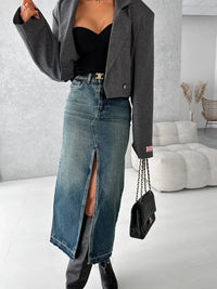 Streetwear Women Vintage Denim Long Skirt Slim High Waist Washed Distressed Button Pockets a Line Casual Female Split Skirts