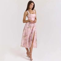 Floral Print Pleatred A-Line Midi Long Dress Women Halter 2026 Summer Dress Backless Nightclub Sexy Party Dresses