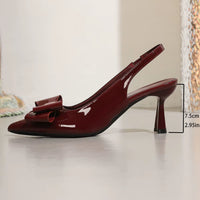 Ladies Summer Pumps Patent Leather Point Toe Bowtie Thin Heels Rhinestones Soft Slingback Breathable Dress Shoes