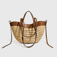 Women Large Faux Straw Woven Market Basket Tote Bag Color Block Drawstring Shoulder Crossbody Purse Summer Beach Vacation 2026