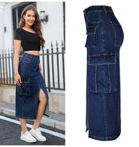 Women Denim Skirt Casual Slim Fit Midi Length Solid Pockets High Waist Pockets Skirts Wrap Hip Shinny Lady Streetwear Summer
